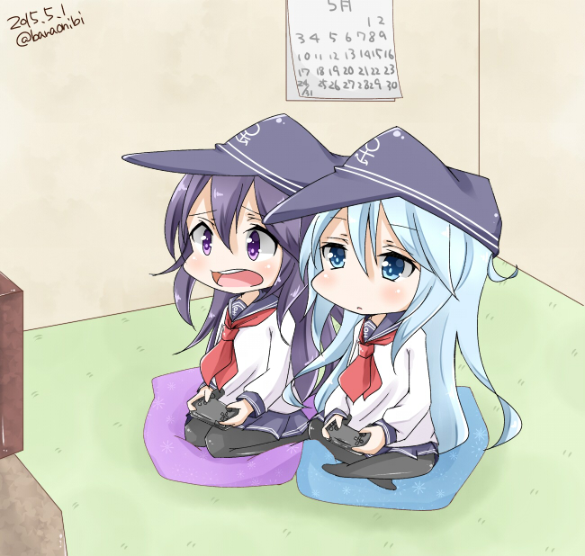 10s, 2015, 2girls, akatsuki_(kancolle), anchor_symbol, aqua_eyes, aqua_hair, bad_id