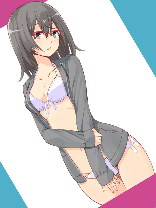 10s, 1girl, bikini, bikini_under_clothes, black_hair, ebina_hina, female_focus, glasses, jacket, q_(a72pgc), solo, swimsuit, swimsuit_under_clothes, yahari_ore_no_seishun_lovecome_wa_machigatteiru.
