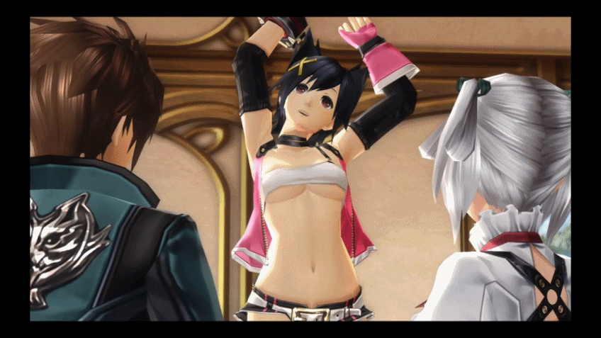 10s, 1boy, 2girls, 3d, animal_ears, animated, animated_gif, bouncing_breasts