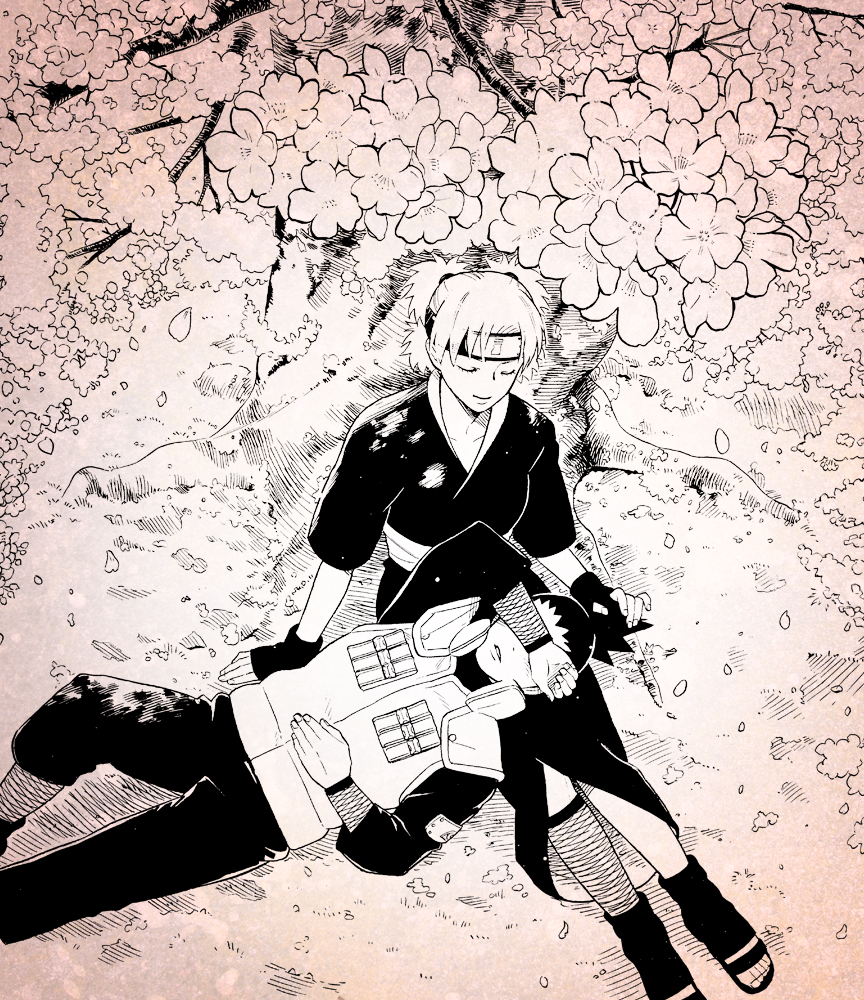 1boy, 1girl, black_hair, cherry_blossoms, closed_eyes, couple, hetero, kawabata_arata, lap_pillow, long_hair, nara_shikamaru, naruto_(classic), naruto_(series), petals, temari_(naruto)