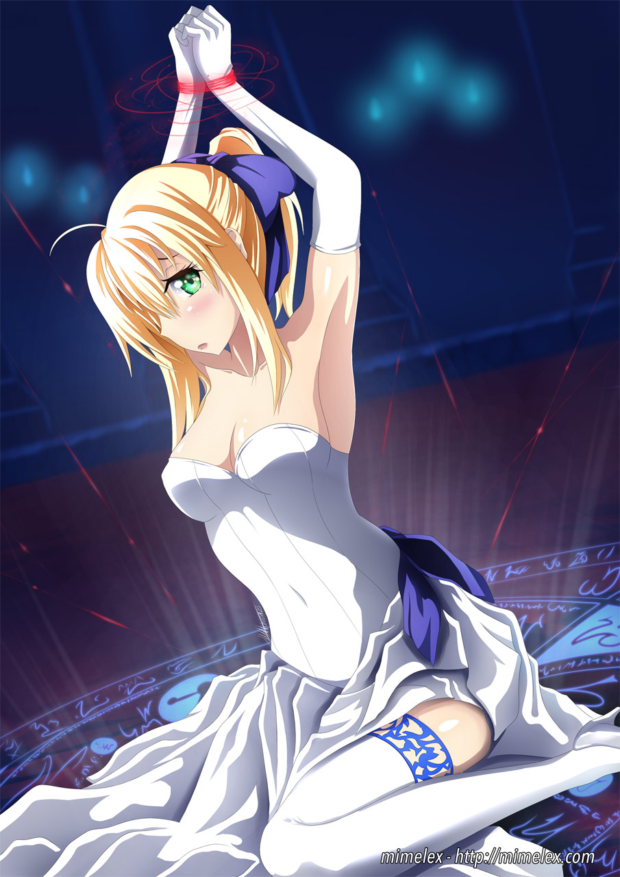 1girl, ahoge, armpits, arms_up, artoria_pendragon_(fate), bare_shoulders, bdsm, blonde_hair, blush, bondage, bound, breasts, covered_navel, dress, dutch_angle, elbow_gloves, fate/stay_night, fate_(series), female_focus, gloves, green_eyes, hair_ribbon, high_heels, highres, long_hair, looking_at_viewer, mimelex, official_alternate_costume, open_mouth, ponytail, ribbon, saber_(fate), sitting, solo, strapless, strapless_dress, thighhighs, wariza, white_dress, white_gloves, white_thighhighs