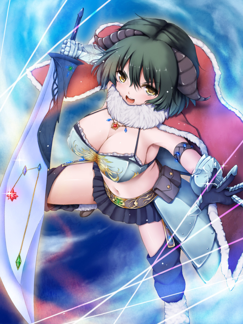 1girl, armor, armpits, belt, bra, breasts, cape, cleavage, female_focus, from_above, gauntlets, ging_(tokushima), green_hair, highres, horns, jewelry, large_breasts, looking_at_viewer, necklace, open_mouth, original, pouch, skirt, socks, solo, sword, underwear, weapon, yellow_eyes