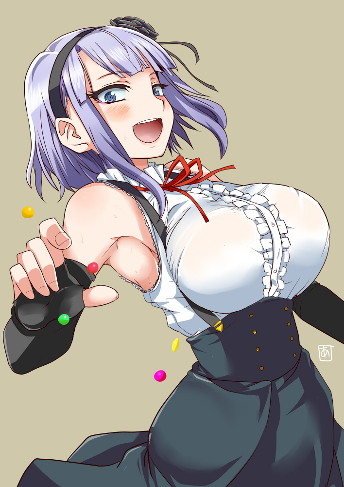 10s, 1girl, :d, aoi_manabu, armpits, black_flower, black_rose, blue_eyes, blush, bra_visible_through_clothes, breasts, candy, center_frills, dagashi_kashi, dirndl, elbow_gloves, female_focus, fingerless_gloves, fingernails, flower, food, frills, german_clothes, gloves, hairband, high-waist_skirt, large_breasts, lederhosen, looking_at_viewer, open_mouth, purple_hair, rose, round_teeth, shidare_hotaru, shirt, short_hair, skirt, sleeveless, sleeveless_shirt, smile, solo, suspenders, sweat, teeth