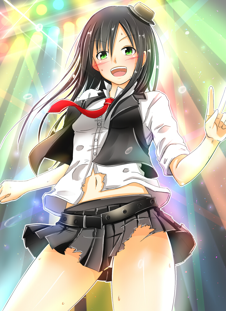 10s, 1girl, :d, baretto_(karasi07), belt, black_skirt, brown_hair, buttons