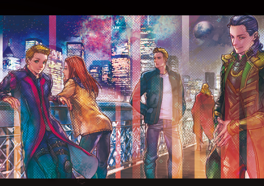 1girl, 4boys, animification, avengers_(series), blonde_hair, blue_jacket, bomber_jacket, casual, cityscape, clint_barton, hawkeye_(marvel), hideono6, jacket, letterboxed, loki_(marvel), marvel, multiple_boys, natasha_romanoff, red_hair, steve_rogers, thor_(marvel)