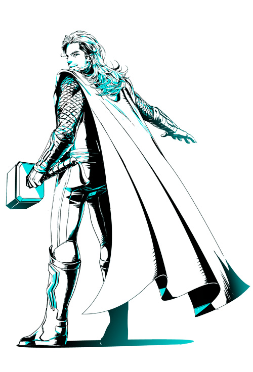 1boy, aqua_theme, armor, boots, cape, chainmail, full_body, hammer