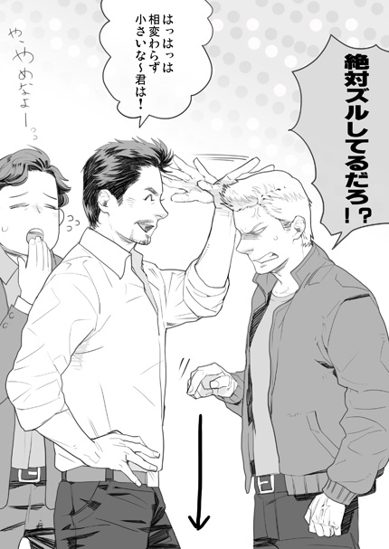 3boys, animification, avengers_(series), bruce_banner, clint_barton, facial_hair, greyscale, height_difference