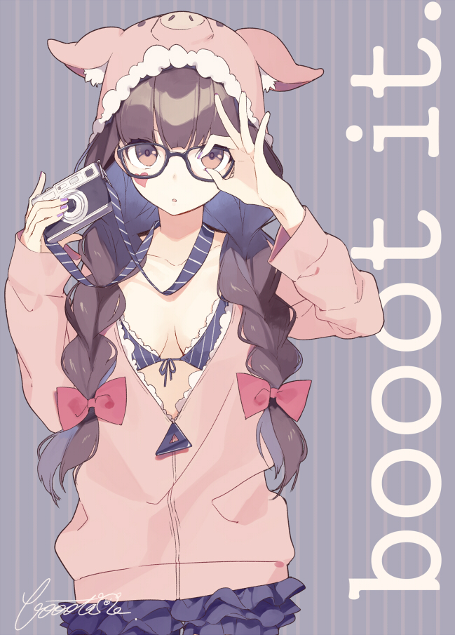 1girl, artist_name, bad_id, bad_pixiv_id, bikini, booota, bow, braid, breasts, brown_eyes, brown_hair, camera, cleavage, cursive, facial_mark, female_focus, front-tie_bikini_top, front-tie_top, glasses, hair_bow, hair_over_shoulder, heart, heart_facial_mark, hood, hoodie, jacket, long_hair, looking_at_viewer, nail_polish, ok_sign, ok_sign_over_eye, original, pig_hood, signature, solo, striped_background, swimsuit, twin_braids, unzipped, vertical_stripes