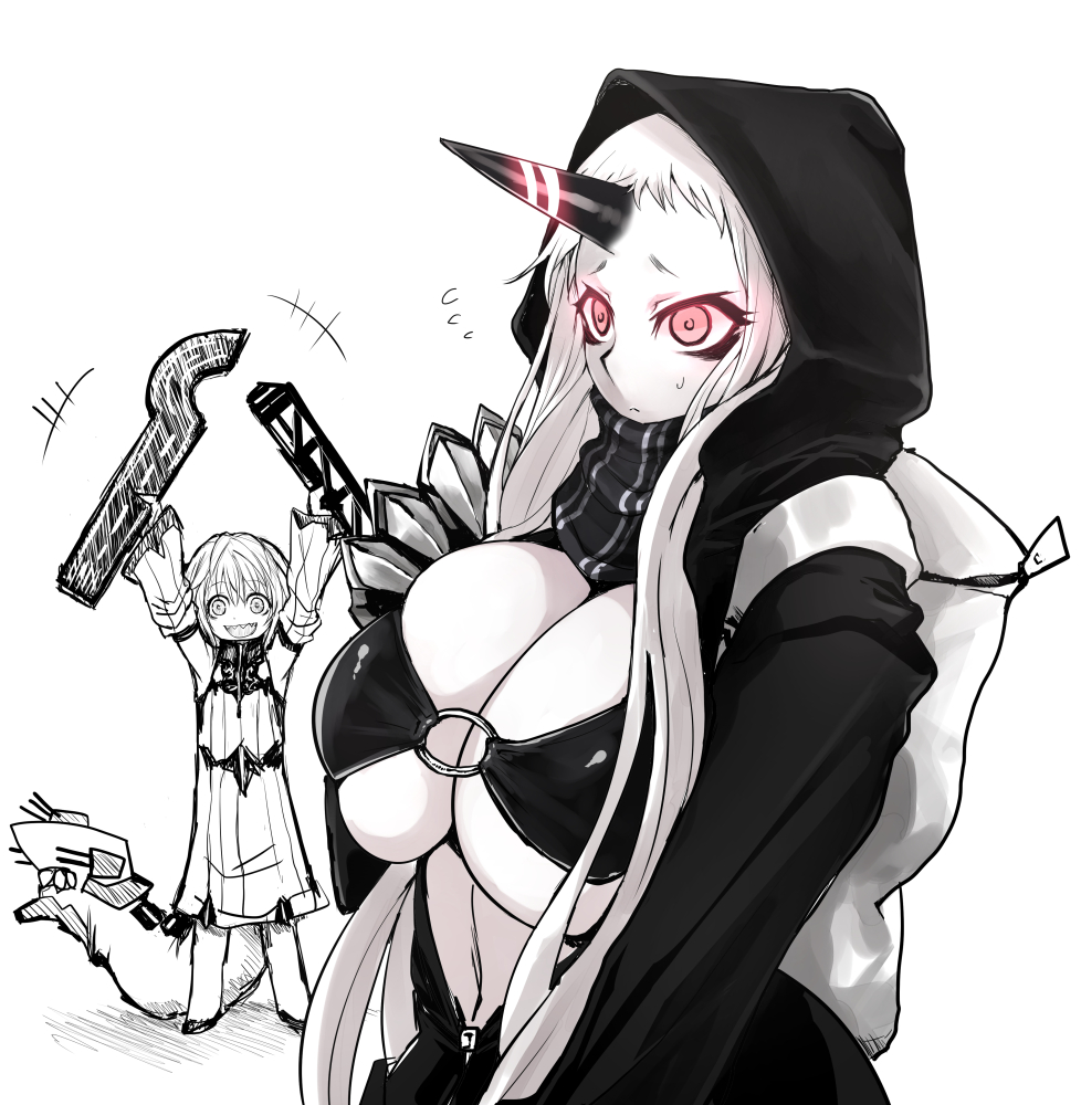 2girls, abyssal_ship, arms_up, backpack, bag, breasts, claws, cleavage
