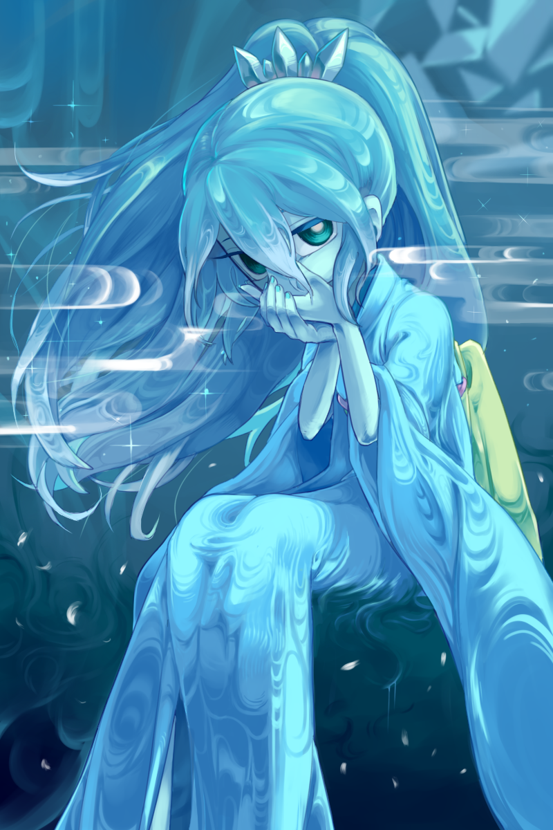 10s, 1girl, bad_id, bad_pixiv_id, blue_hair, blue_skin, blue_theme, colored_skin, egasumi, female_focus, fubukihime, green_eyes, high_ponytail, highres, japanese_clothes, kimono, long_hair, ponytail, sitting, solo, toyo_(toyoyomi), traditional_youkai, youkai_watch