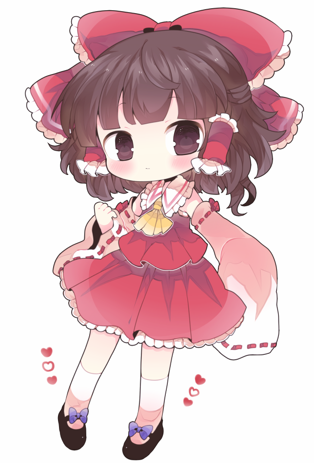 1girl, blush, bow, brown_eyes, brown_hair, chibi, female_focus, footwear_bow