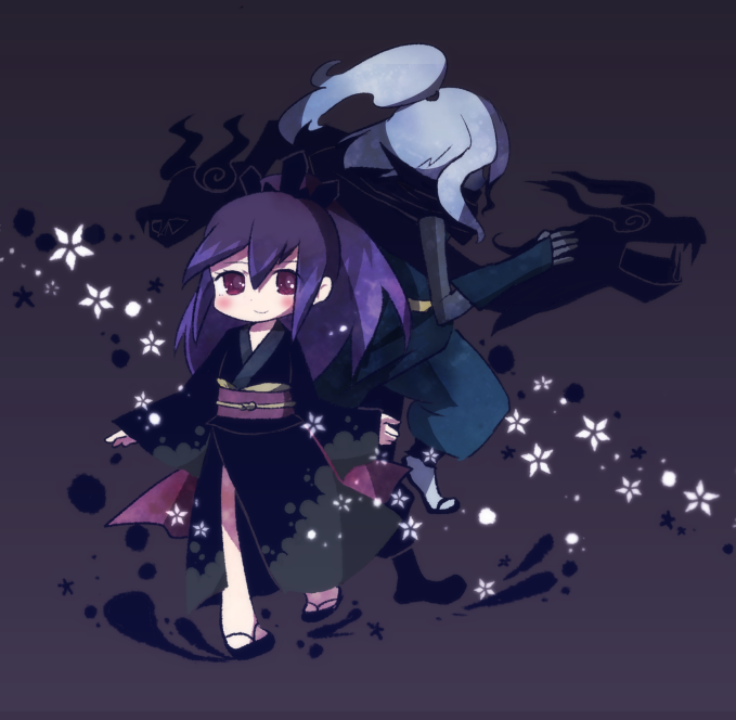 10s, 1boy, 1girl, high_ponytail, hyakkihime, japanese_clothes, kageorochi, kimono