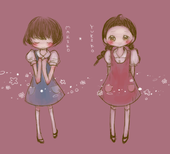 10s, 2girls, amano_yukiko_(youkai_watch), blush, braid, brown_hair, character_name, closed_eyes, dress, kodama_mariko, long_hair, looking_at_viewer, multiple_girls, short_hair, short_sleeves, simple_background, smile, twin_braids, umi_(srtm07), youkai_watch