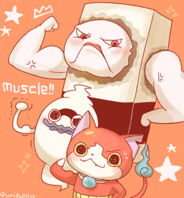 10s, cat, chikaramochi, english_text, fang, flexing, ghost, haramaki