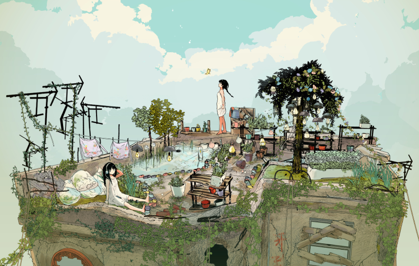 2girls, barefoot, board, bug, butterfly, clothesline, cloud, day, dress, flower, graffiti, grass, headphones, highres, lantern, laundry, light_bulb, long_hair, morning_glory, multiple_girls, omiomi_kekyu, original, overgrown, plant, pond, ponytail, potted_plant, radio_antenna, rooftop, ruins, shelf, sitting, sleeveless, sleeveless_dress, standing, trash_bag, tree, watering_can, white_dress, window