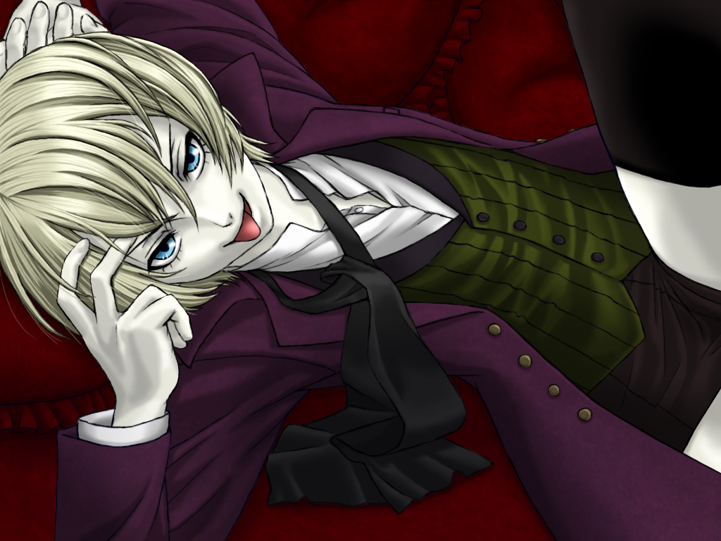 1boy, :p, alois_trancy, black_thighhighs, blonde_hair, blue_eyes, kuroshitsuji, male_focus