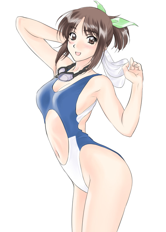 1990s_(style), 1girl, arched_back, breasts, brown_eyes, brown_hair, casual_one-piece_swimsuit, cleavage