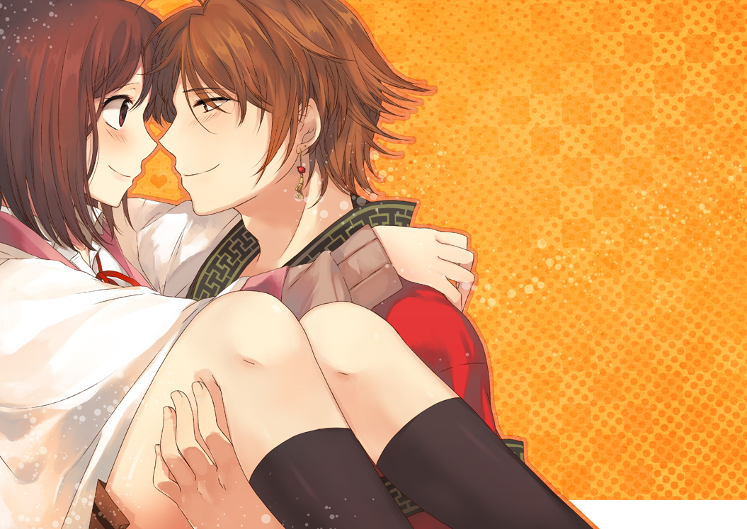 1boy, 1girl, bad_id, bad_pixiv_id, brown_hair, carrying, couple, eye_contact