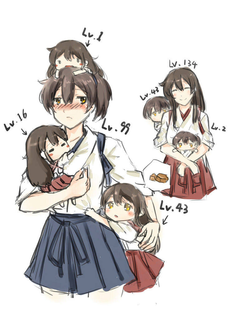 10s, 2girls, =_=, aged_down, akagi_(kancolle), blue_skirt, blush, brown_eyes