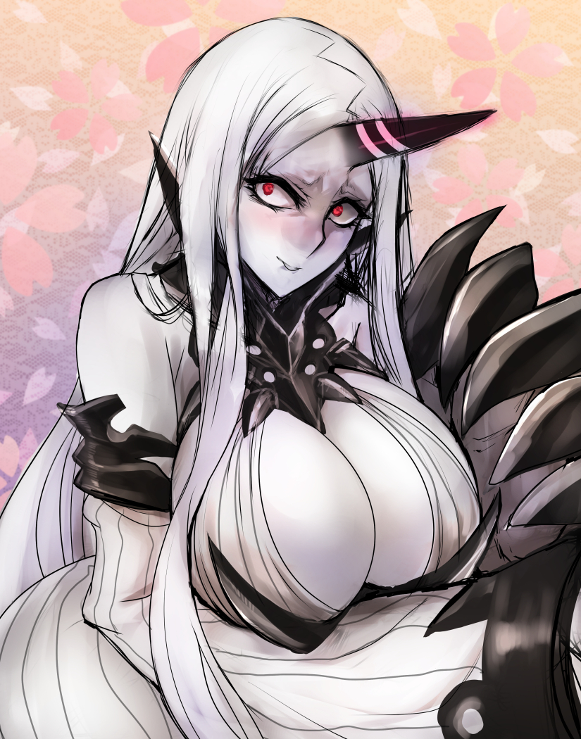 10s, 1girl, abyssal_ship, bare_shoulders, breast_hold, breasts, claws, cleavage_cutout
