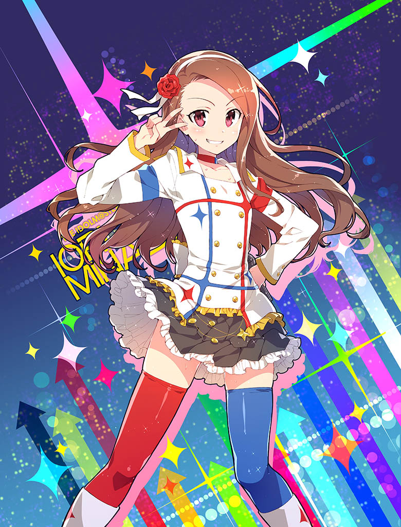 1girl, :d, blush, brown_eyes, brown_hair, character_name, female_focus, flower, hair_flower, hair_ornament, hand_on_own_hip, idolmaster, idolmaster_(classic), idolmaster_movie, long_hair, minase_iori, open_mouth, red_eyes, redrop, skirt, smile, solo, starpiece_memories, thighhighs, v