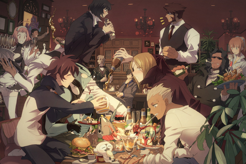black_hair, blitz_t._abrahms, blonde_hair, bottle, brown_hair, burger, chain_sumeragi, chandelier, closed_eyes, cup, deldro_brody, doug_hammer, drinking_glass, eating, eyepatch, facial_hair, fangs, fish_(food), food, gilbert_f._altstein, glasses, hone_(1055890141), indoors, k.k._(kekkai_sensen), kekkai_sensen, klaus_von_reinhertz, leonardo_watch, maid, multiple_boys, multiple_girls, mutton_chops, necktie, neyka_(kekkai_sensen), nigirizushi, octopus, patrick_(kekkai_sensen), short_hair, sitting, sonic_speed_monkey, steven_a._starphase, sushi, thighhighs, tray, vest, white_hair, zap_renfro, zed_o'_brien