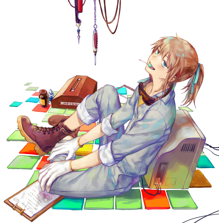 1girl, aqua_eyes, blonde_hair, candy, female_focus, food, gloves, jumpsuit