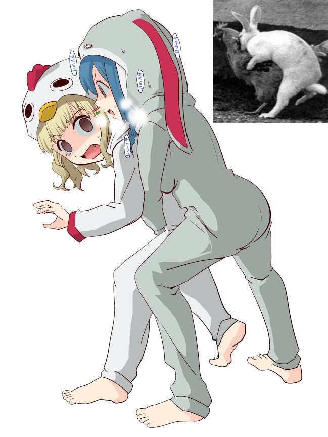 2girls, animal_costume, backlighting, barefoot, blonde_hair, blue_hair, breasts, chicken_costume, dry_humping, fang, full_body, furutani_himawari, hair_ornament, hairclip, hug, hug_from_behind, humping, multiple_girls, oomuro_sakurako, pajamas, parallel_hairclips, photo_inset, rabbit_costume, reference_inset, reference_photo, revision, simple_background, toutouhai, white_background, yuri, yuruyuri