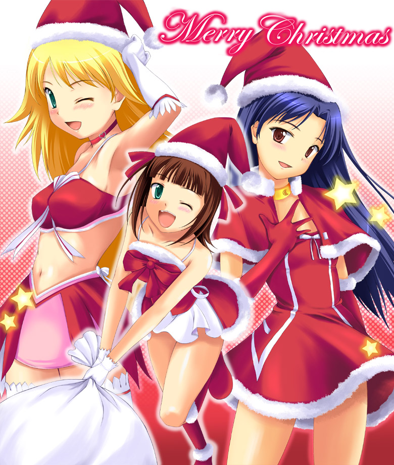 00s, 3girls, ;d, amami_haruka, blonde_hair, blue_hair, blush, brown_hair, choker, christmas, cute_&amp;_girly_(idolmaster), gloves, gradient_background, halftone, halftone_background, hat, hoshii_miki, idolmaster, idolmaster_(classic), idolmaster_1, kisaragi_chihaya, looking_at_viewer, merry_christmas, midriff, multiple_girls, nishi_(count2.4), noel_angelic, noel_angelic_(idolmaster), one_eye_closed, open_mouth, sack, santa_costume, santa_hat, smile, star_(symbol), white_gloves