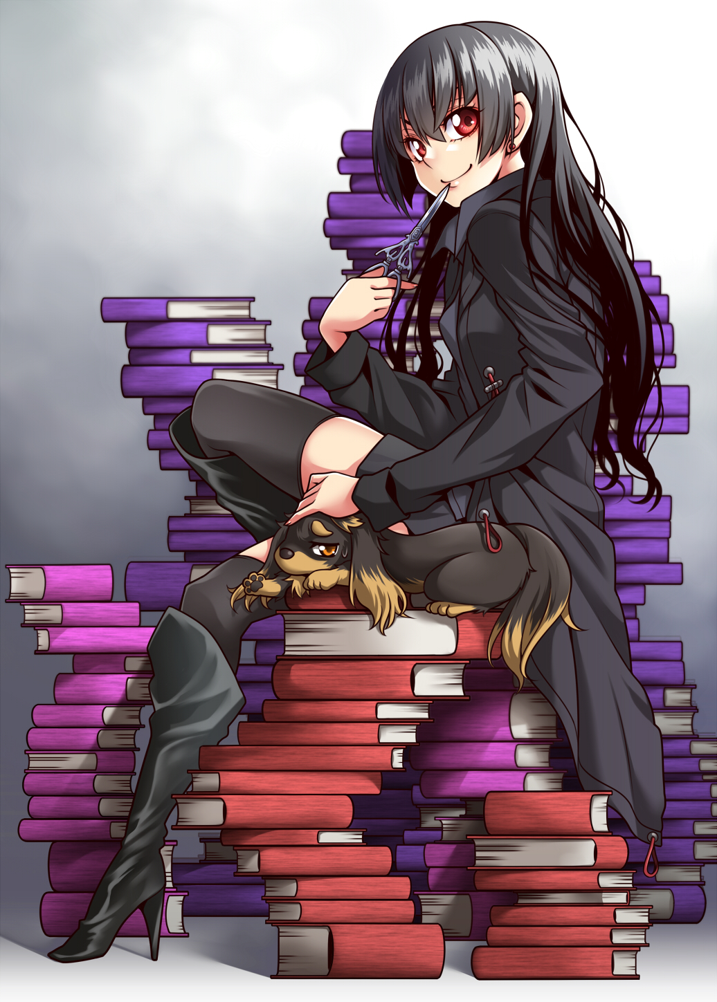 10s, 1girl, black_hair, black_thighhighs, book, boots, coat, dog