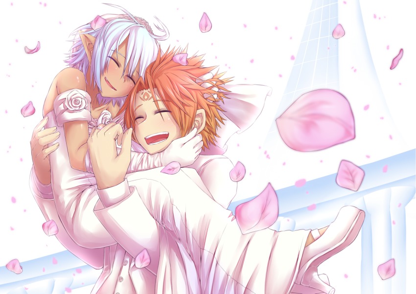 1boy, 1girl, :d, apollo_(shinrabanshou), bare_shoulders, breasts, bridal_veil, buttons