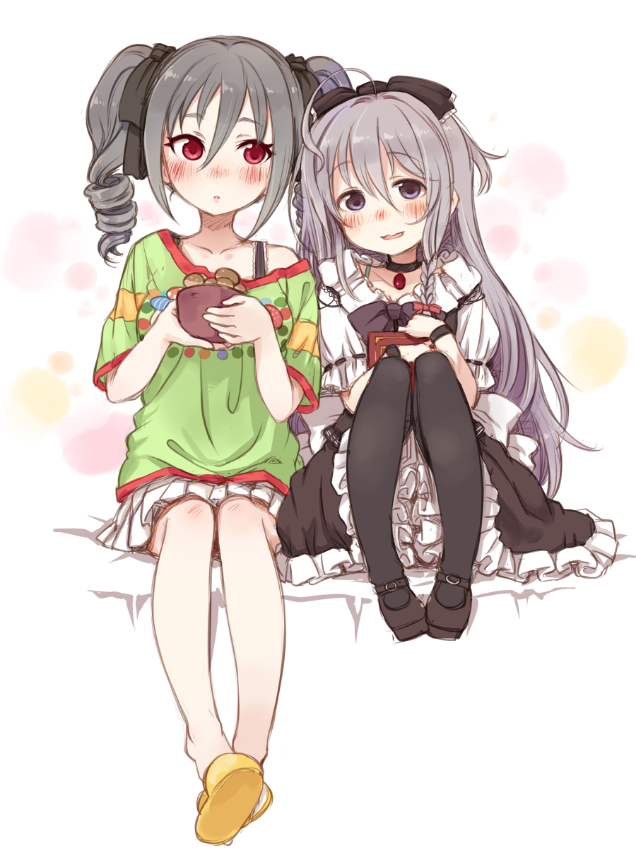 2girls, 7010, ahoge, black_legwear, blush, braid, cosplay, costume_switch, drill_hair, grey_eyes, grey_hair, highres, hoshi_shouko_(cosplay), hoshi_syoko, idolmaster, idolmaster_cinderella_girls, kanzaki_ranko, kanzaki_ranko_(cosplay), long_hair, looking_at_viewer, multiple_girls, mushroom, open_mouth, pantyhose, red_eyes, side_braid, single_braid, sitting, smile, twin_drills, twintails, very_long_hair