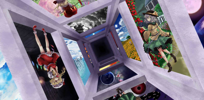 2girls, ascot, blonde_hair, bow, earth_(planet), eyeball, field, flandre_scarlet