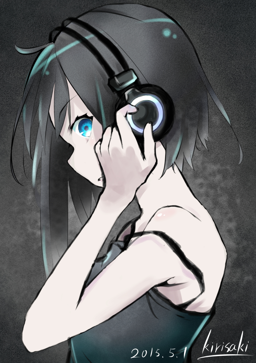 1girl, absurdres, artist_name, asymmetrical_hair, black_hair, blue_eyes, camisole, dated, female_focus, from_side, grado_labs, headphones, highres, kirisaki_nuko, long_hair, original, pale_skin, sideways_mouth, solo, strap_slip