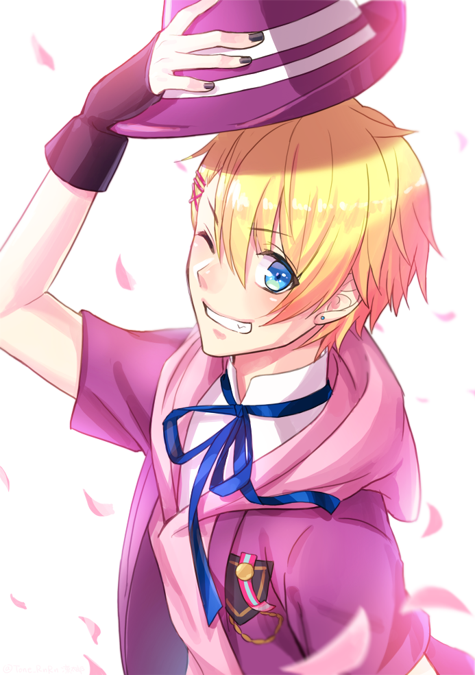 10s, 1boy, blonde_hair, blue_eyes, earrings, fang, grin, hair_ornament
