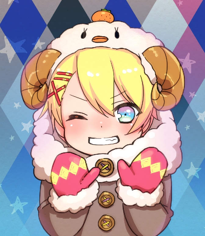 10s, 1boy, animal_hood, bad_id, bad_pixiv_id, blonde_hair, blue_eyes, coat, fang, food, fruit, gradient_background, grin, hair_ornament, hairclip, hood, horns, kurusu_shou, male_focus, mittens, orange_(fruit), sheep_hood, sheep_horns, short_hair, smile, solo, star_(symbol), tachibana_rintarou, upper_body, uta_no_prince-sama