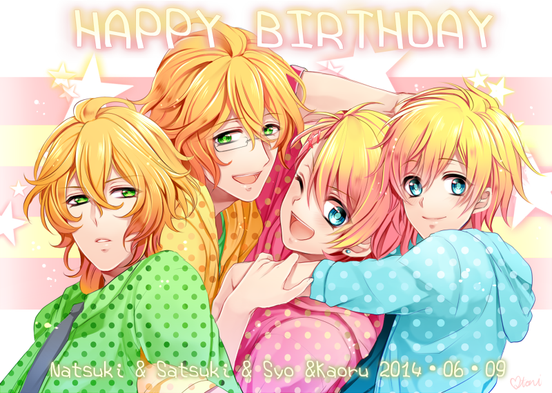 10s, 4boys, ahoge, blonde_hair, blue_eyes, blush, brothers, character_name, dual_persona, english_text, glasses, green_eyes, group_hug, happy_birthday, hug, kurabayashi, kurusu_kaoru, kurusu_shou, male_focus, multiple_boys, one_eye_closed, open_mouth, shinomiya_natsuki_(uta_no_prince-sama), shinomiya_satsuki, short_hair, siblings, smile, twins, uta_no_prince-sama