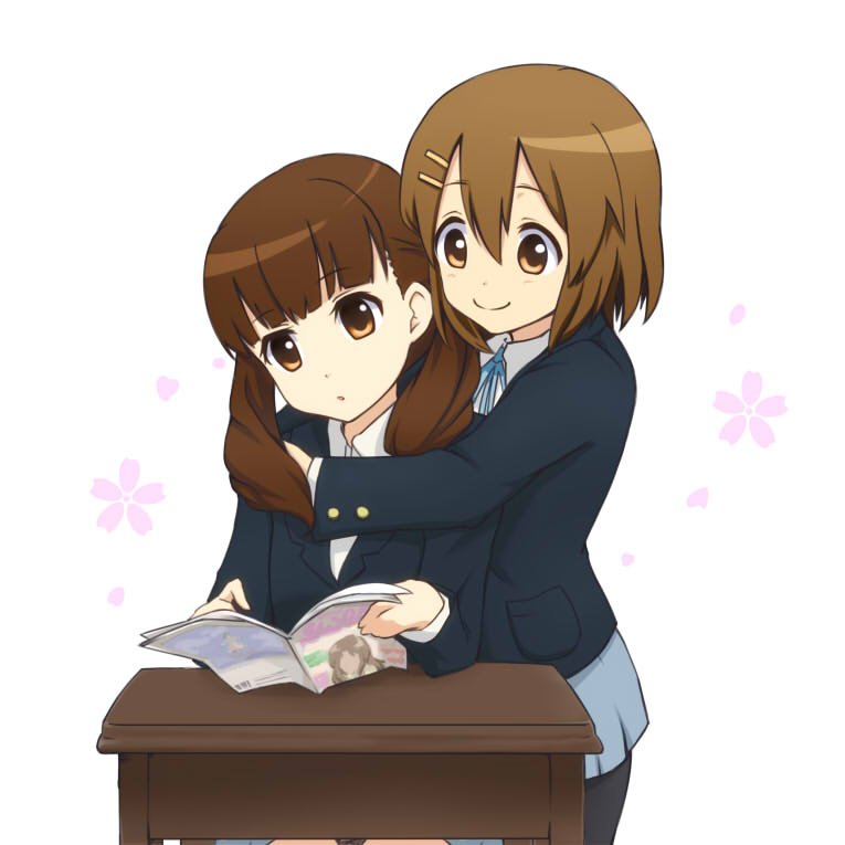 2girls, brown_eyes, brown_hair, closed_mouth, desk, extra, hair_ornament, hidarikata