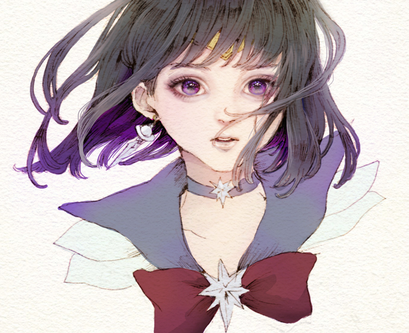 1girl, aco_(usausausa), bishoujo_senshi_sailor_moon, black_hair, brooch, choker, earrings, eyelashes, female_focus, floating_hair, jewelry, open_mouth, parted_lips, purple_eyes, realistic, sailor_saturn, short_hair, solo, star_brooch, tomoe_hotaru
