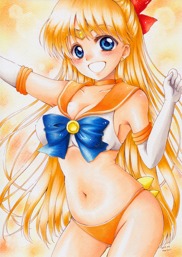 10s, 1girl, 2015, :d, aino_minako, april, bishoujo_senshi_sailor_moon, blonde_hair, blue_bow, blue_eyes, blush, bow, bra, breasts, choker, cleavage, collarbone, dated, earrings, elbow_gloves, female_focus, gloves, grin, hair_bow, jewelry, long_hair, looking_at_viewer, medium_breasts, navel, open_mouth, orange_background, orange_panties, panties, red_bow, sailor_collar, sailor_moon_narikiri_bra_set, sailor_venus, shiny_skin, skindentation, smile, solo, teeth, tiara, traditional_media, underwear, underwear_only, waist_bow, white_bra, white_gloves, yellow_bow, yuuna_katsumi