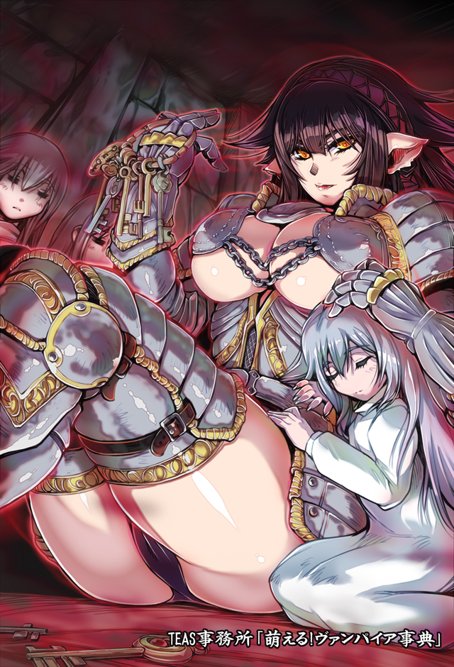 3girls, animal_ears, armor, black_hair, boots, breasts, cleavage, closed_eyes, copyright_name, dress, gauntlets, genderswap, genderswap_(mtf), gilles_de_rais, greaves, hairband, hand_on_another's_head, hisahiko, keyring, kneeling, large_breasts, long_sleeves, armored_boots, metal_gloves, moeru!_jiten, moeru!_vampire_jiten, multiple_girls, ornate_armor, pauldrons, plate_armor, pointy_ears, real_life, shoulder_armor, silver_hair, sitting, thigh_boots, thighhighs, translation_request, white_dress, yellow_eyes