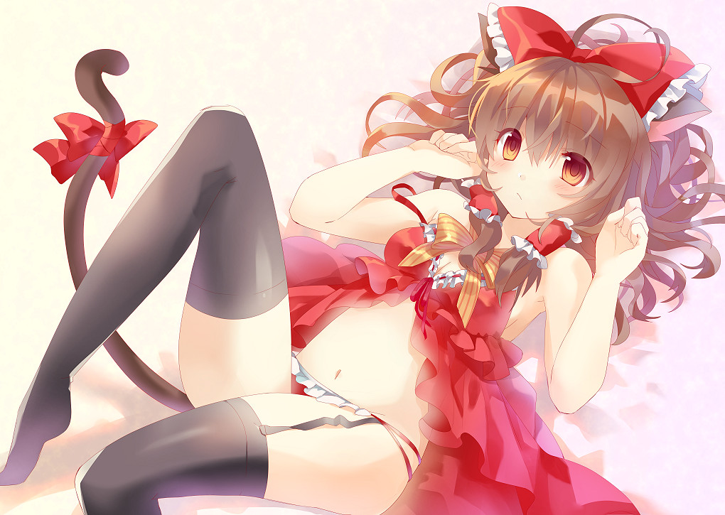 1girl, animal_ears, babydoll, bad_id, bad_pixiv_id, bare_arms, bare_shoulders, black_thighhighs
