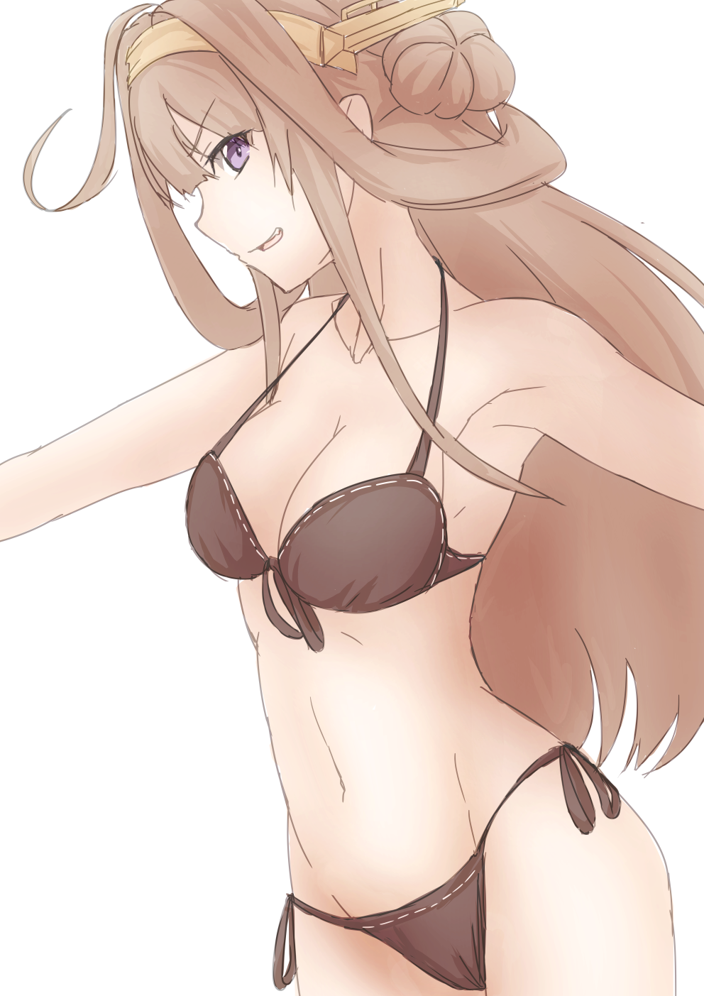10s, 1girl, bad_id, bad_pixiv_id, bikini, brown_hair, double_bun, hair_bun, hairband, halterneck, highres, kantai_collection, kchair02_(k02-yan), kongou_(kancolle), long_hair, purple_eyes, string_bikini, swimsuit