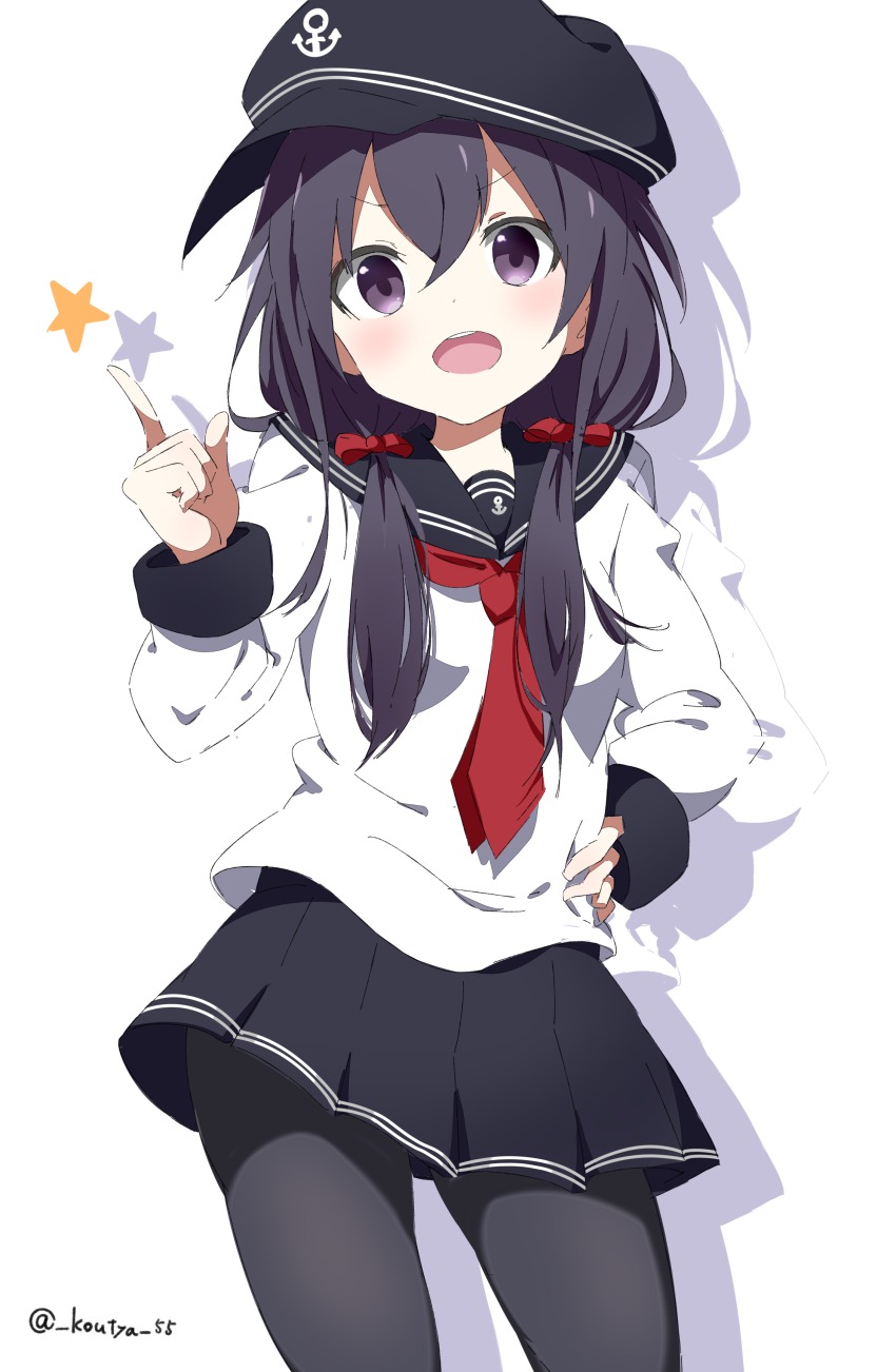 10s, 1girl, absurdres, akatsuki_(kancolle), alternate_hairstyle, anchor_symbol, black_hair, black_skirt