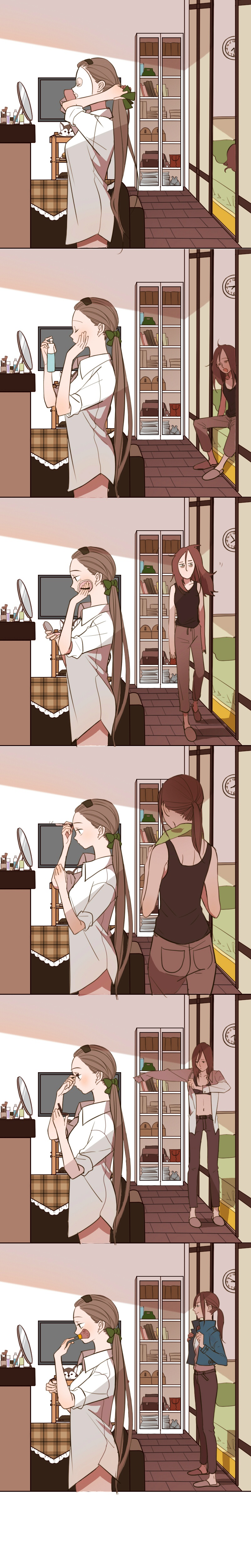 2girls, absurdres, applying_makeup, chinese_text, highres, long_image, magan_and_danai, multiple_girls