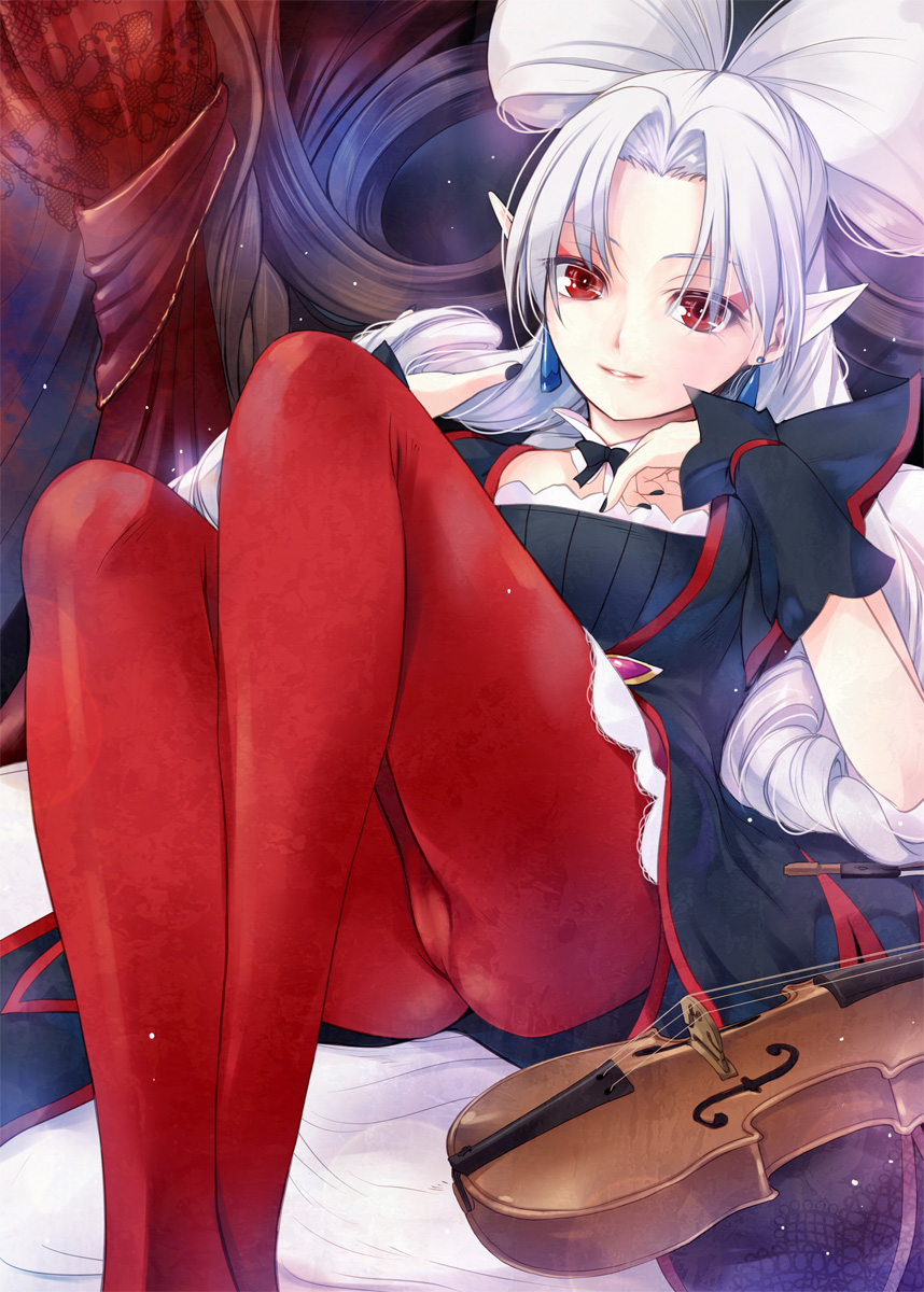 1girl, akagi_towa, albino, black_bow, black_nails, black_skirt, bow, bowtie