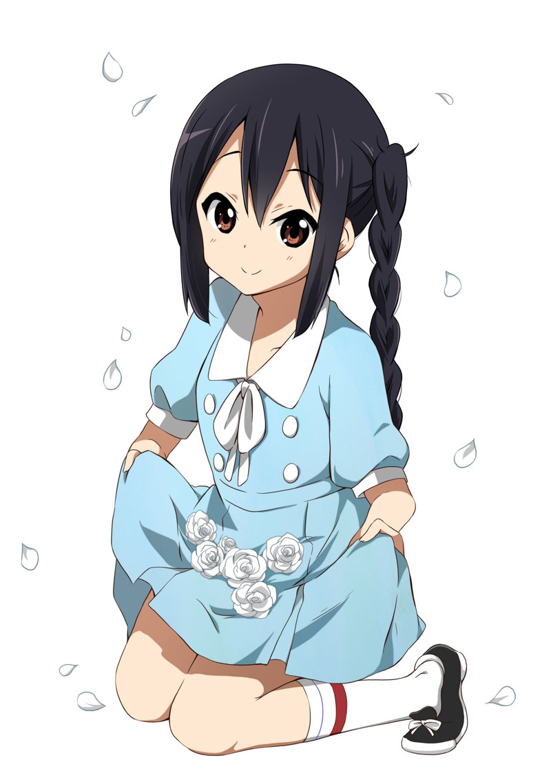 1girl, black_hair, braid, brown_eyes, clothes_lift, dress, dress_lift, female_focus, flower, k-on!, k-on!_movie, kneehighs, kneeling, lifting_own_clothes, long_hair, looking_at_viewer, nakano_azusa, official_style, petals, ragho_no_erika, rose, rose_petals, shoes, sidelocks, singing!_(k-on!), skirt_basket, smile, socks, solo, white_petals, white_socks