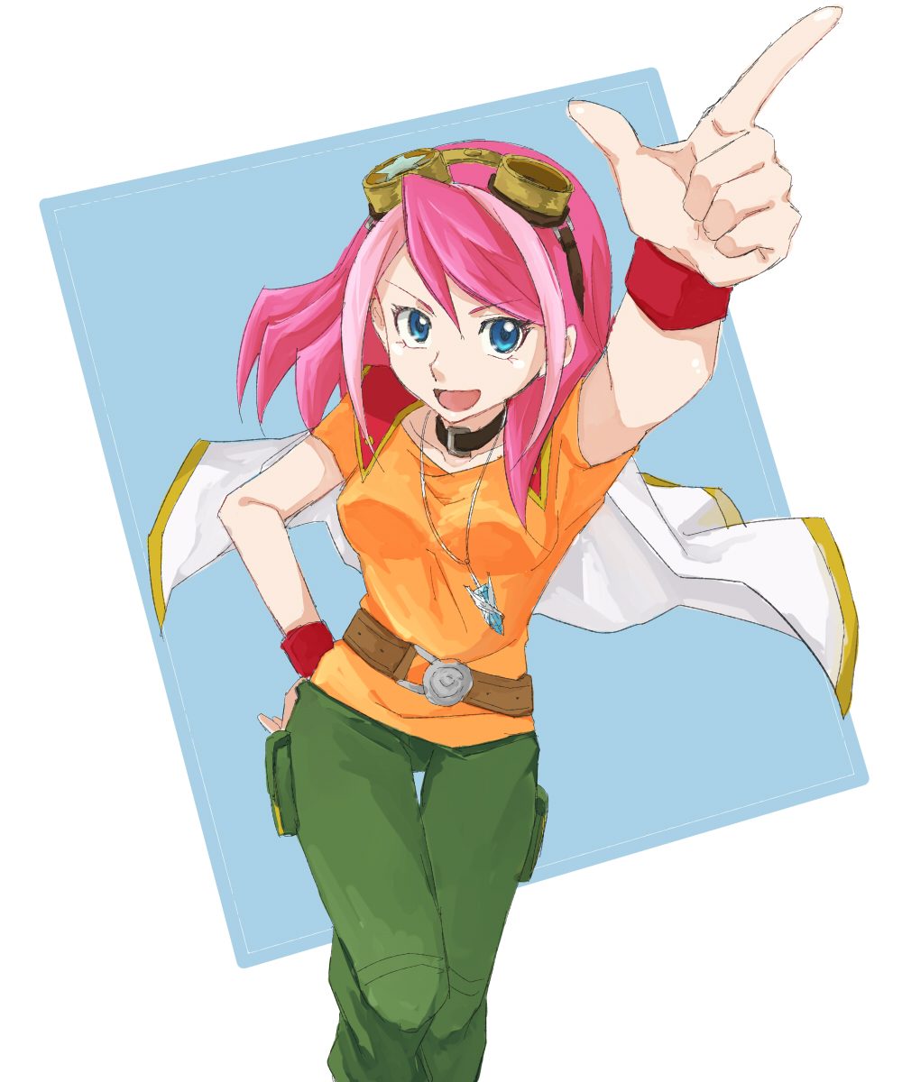 1girl, bad_id, bad_pixiv_id, belt, blouse, blue_eyes, collar, cosplay, female_focus, foreshortening, goggles, goggles_on_head, hair_down, hand_on_own_hip, highres, hiiragi_yuzu, jacket, jacket_on_shoulders, jewelry, multicolored_hair, nakata, nakata_(chamcham), necklace, open_mouth, orange_shirt, outstretched_arm, pants, pendant, pink_hair, pointing, sakaki_yuya, sakaki_yuya_(cosplay), shirt, short_sleeves, sidelocks, smile, solo, standing, swept_bangs, thigh_gap, two-tone_hair, white_jacket, wrist_cuffs, yu-gi-oh!, yu-gi-oh!_arc-v