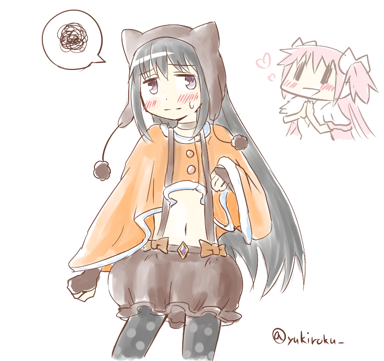 2girls, akemi_homura, black_hair, blush, capelet, cosplay, fingerless_gloves, gloves