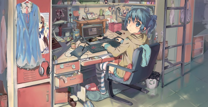 10s, 1girl, absurdly_detailed_composition, akiyama_mio, alternate_costume, arrow_(symbol), beats_by_dr._dre, blue_eyes, blue_hair, blush, book, cactus, calendar_(object), cellphone, cirno, clock, computer, computer_keyboard, computer_mouse, crossover, desk, desk_lamp, mp3_player, drawing_board, drawing_tablet, earphones, female_focus, from_behind, hakurei_reimu, hatsune_miku, headphones, highres, indoors, ipod, k-on!, kantai_collection, ladder, lamp, laptop, loaded_interior, locker, looking_at_viewer, looking_back, matching_hair/eyes, minecraft, misaka_mikoto, mouse_(animal), mousepad_(object), mukaido_manaka, multiple_crossover, nagi_no_asukara, nakano_azusa, original, panties, parka, phone, ponytail, poster_(object), recycling_symbol, reflection, scissors, shimakaze_(kancolle), shirt, shoes, skirt, slippers, smartphone, solo, striped_clothes, striped_thighhighs, stylus, tablet_pc, thighhighs, toaru_majutsu_no_index, touhou, trash_can, underwear, vocaloid, white_shirt, zhongye_yu